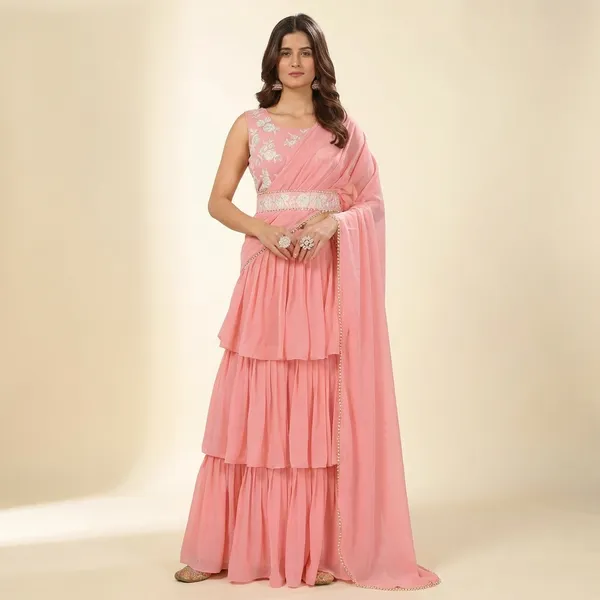 New_Collection_Ready_To_Wear_Georgette_Ruffle_Style_Lehenga_Saree_With_Stitched_Embroidery_Blouse_And_Belt