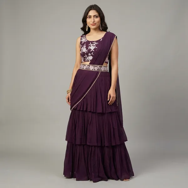 New_Collection_Ready_To_Wear_Georgette_Ruffle_Style_Lehenga_Saree_With_Stitched_Embroidery_Blouse_And_Belt