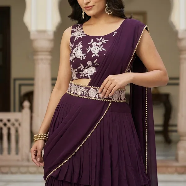 New_Collection_Ready_To_Wear_Georgette_Ruffle_Style_Lehenga_Saree_With_Stitched_Embroidery_Blouse_And_Belt