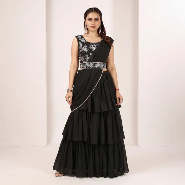 New_Collection_Ready_To_Wear_Georgette_Ruffle_Style_Lehenga_Saree_With_Stitched_Embroidery_Blouse_And_Belt
