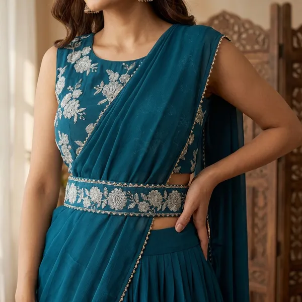 New_Collection_Ready_To_Wear_Georgette_Ruffle_Style_Lehenga_Saree_With_Stitched_Embroidery_Blouse_And_Belt