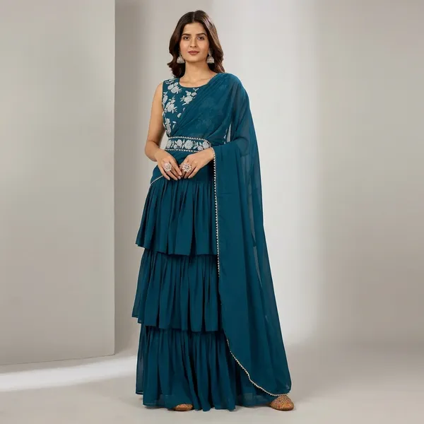 New_Collection_Ready_To_Wear_Georgette_Ruffle_Style_Lehenga_Saree_With_Stitched_Embroidery_Blouse_And_Belt