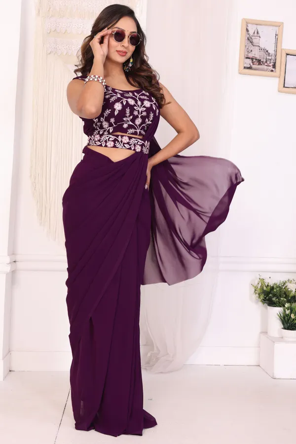 Latest_Design_Georgette_Ready_To_Wear_Saree_With_Amazing_Embroidery_Blouse_Piece_&_Belt