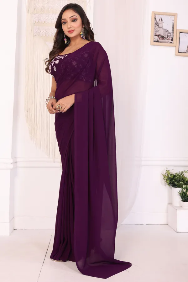 Latest_Design_Georgette_Ready_To_Wear_Saree_With_Amazing_Embroidery_Blouse_Piece_&_Belt