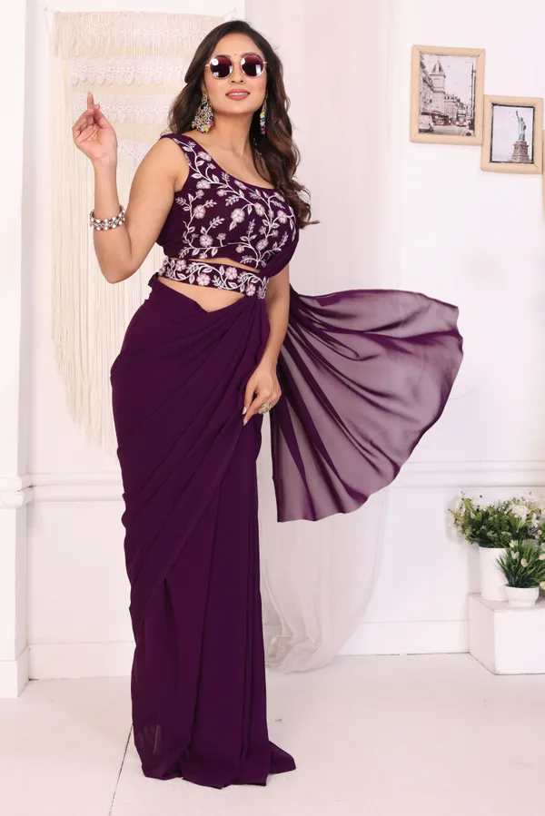 Latest_Design_Georgette_Ready_To_Wear_Saree_With_Amazing_Embroidery_Blouse_Piece_&_Belt