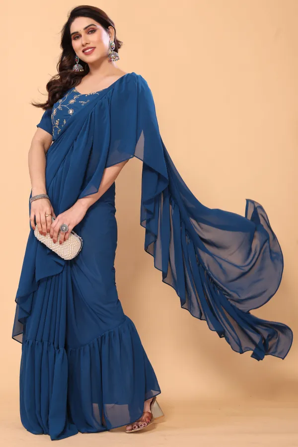 Ruffle_Georgette_Saree_With_Unstitched_Embroidery_Work_Blouse_Piece