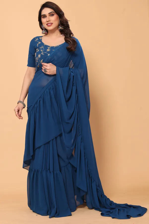 Ruffle_Georgette_Saree_With_Unstitched_Embroidery_Work_Blouse_Piece