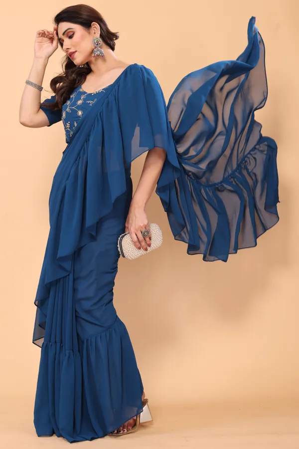 Ruffle_Georgette_Saree_With_Unstitched_Embroidery_Work_Blouse_Piece