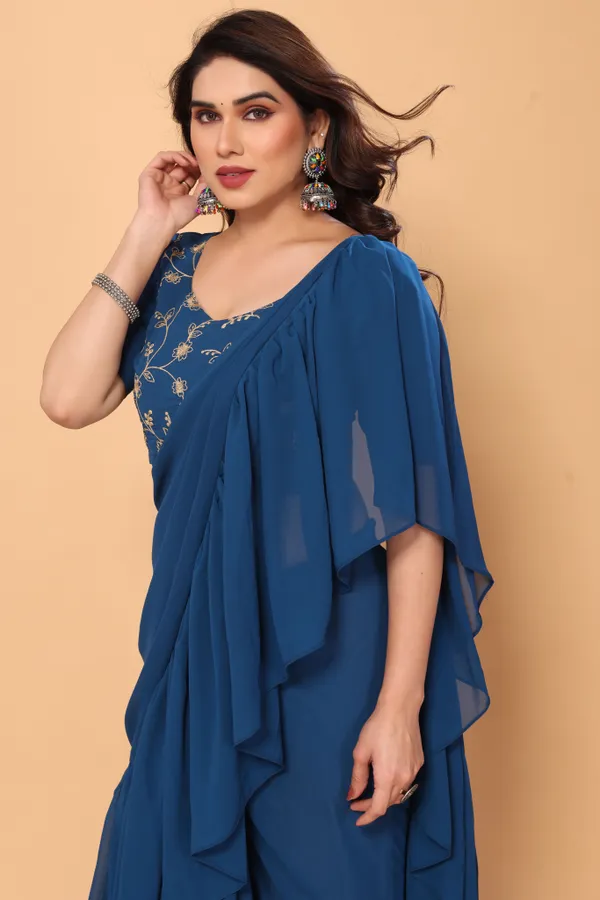 Ruffle_Georgette_Saree_With_Unstitched_Embroidery_Work_Blouse_Piece