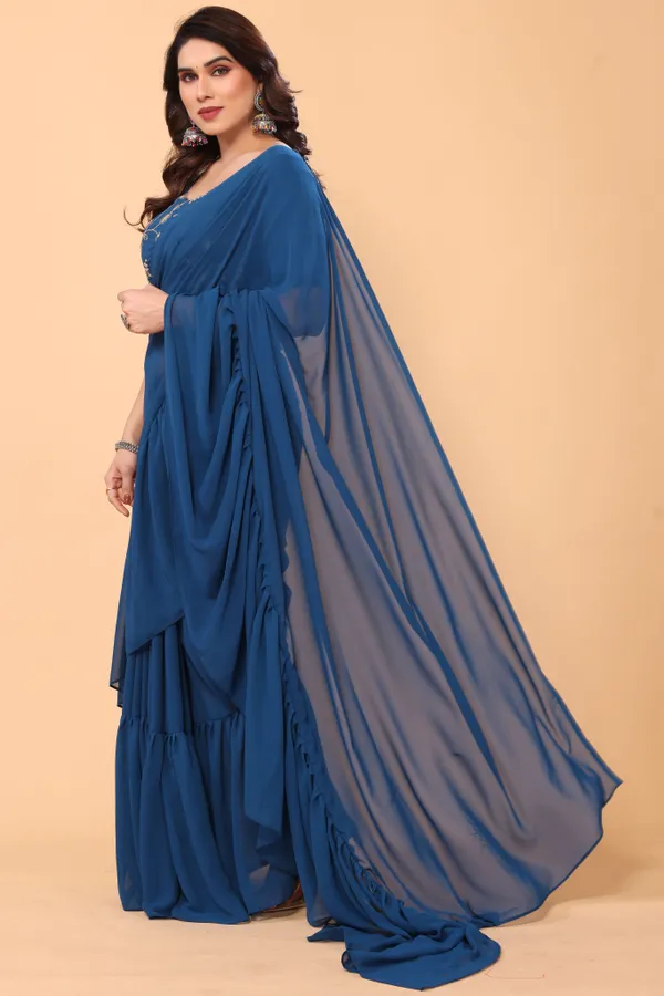 Ruffle_Georgette_Saree_With_Unstitched_Embroidery_Work_Blouse_Piece