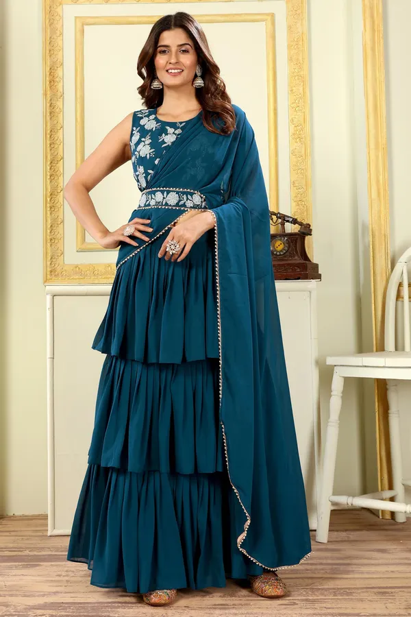 New_Collection_Ready_To_Wear_Georgette_Ruffle_Style_Lehenga_Saree_With_Stitched_Embroidery_Blouse_And_Belt