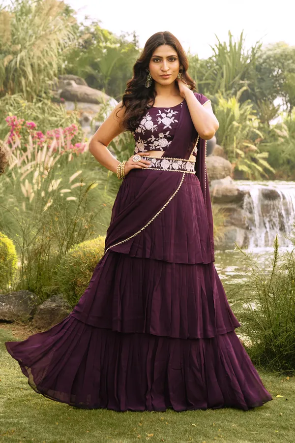 New_Collection_Ready_To_Wear_Georgette_Ruffle_Style_Lehenga_Saree_With_Stitched_Embroidery_Blouse_And_Belt