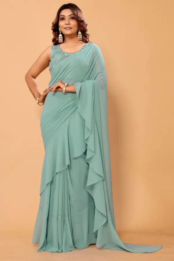 Latest_Design_Georgette_Ruffle_Style_Ready_To_Wear_Saree_With_Amazing_Georgette_Embroidery_Blouse_Piece
