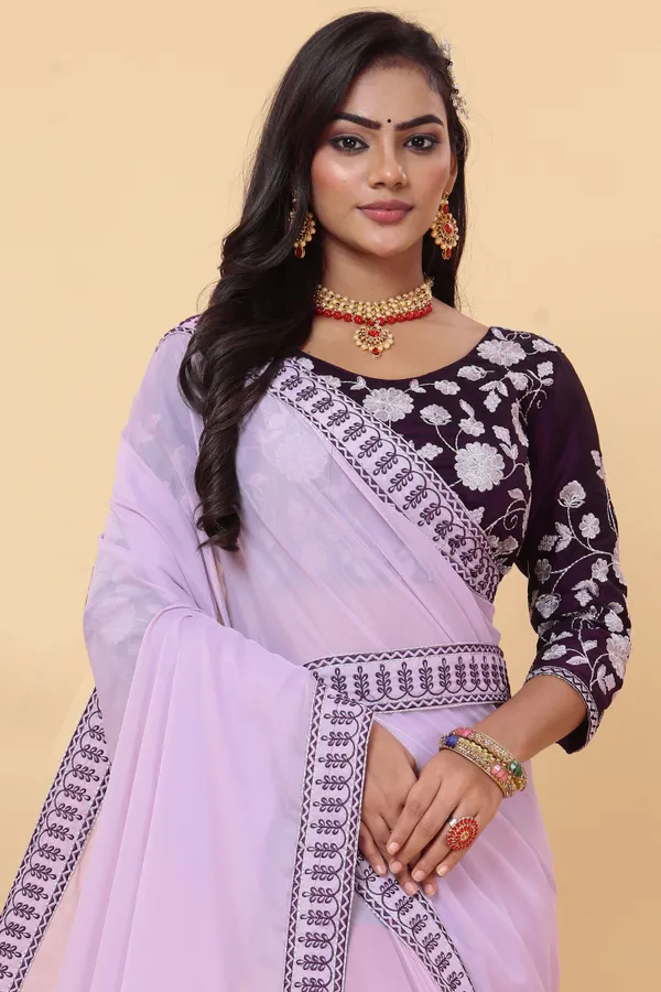 Gorgeous_Georgette_Saree_With_Amazing_Embroidery_Border_With_Embroidered_Waist_Belt_And_Contrast_Embroidery_Blouse_Piece