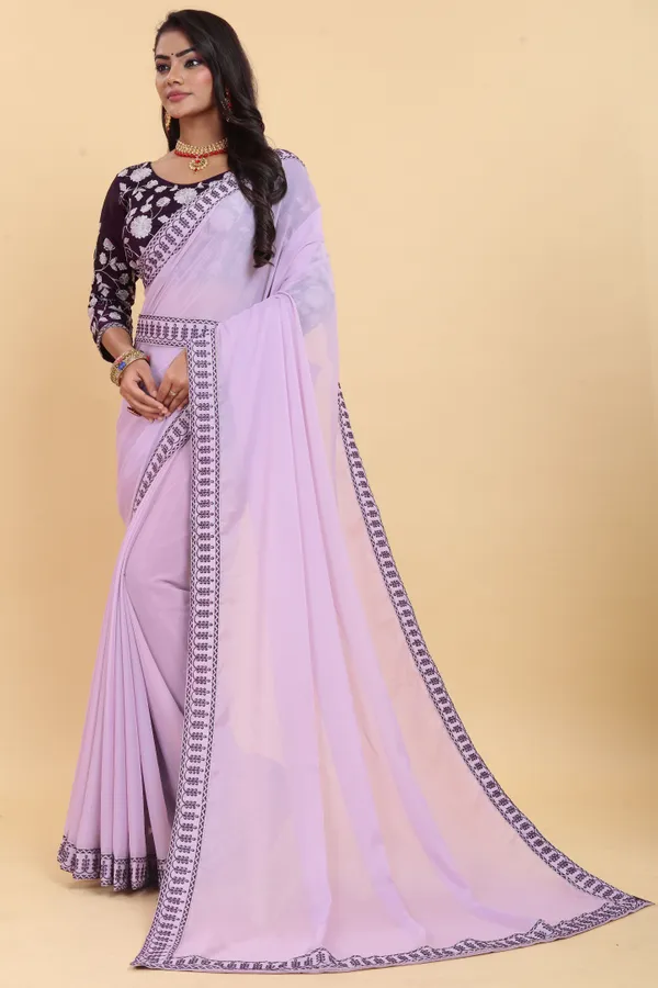 Gorgeous_Georgette_Saree_With_Amazing_Embroidery_Border_With_Embroidered_Waist_Belt_And_Contrast_Embroidery_Blouse_Piece