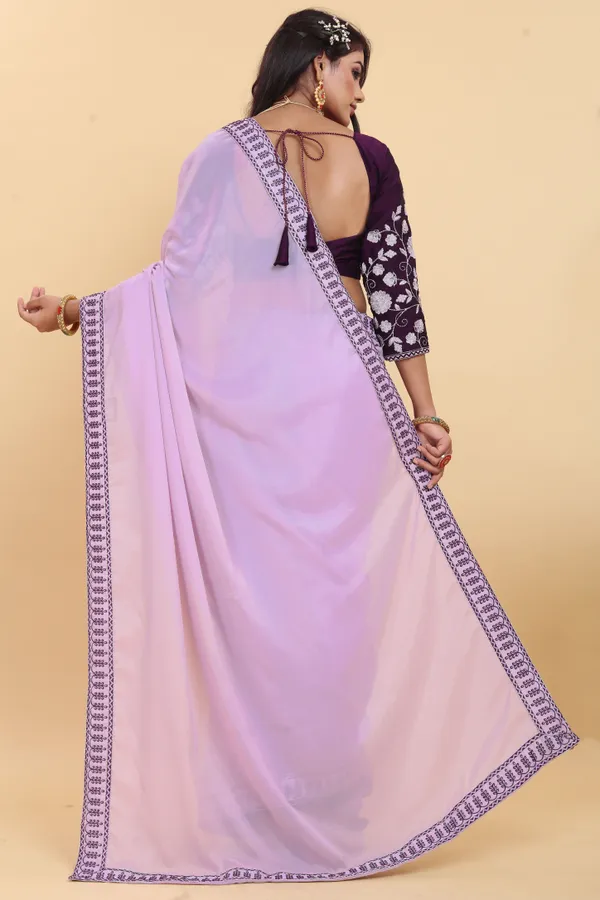 Gorgeous_Georgette_Saree_With_Amazing_Embroidery_Border_With_Embroidered_Waist_Belt_And_Contrast_Embroidery_Blouse_Piece