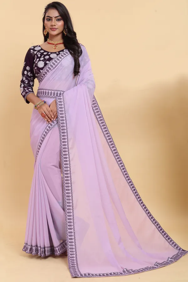 Gorgeous_Georgette_Saree_With_Amazing_Embroidery_Border_With_Embroidered_Waist_Belt_And_Contrast_Embroidery_Blouse_Piece