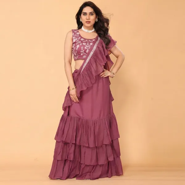 Gratifying_Ruffle_Style_Diamond_Georgette_Ready_To_Wear_Fully_Stitched_Saree_With_Embroidery_Work_Stitched_Blouse