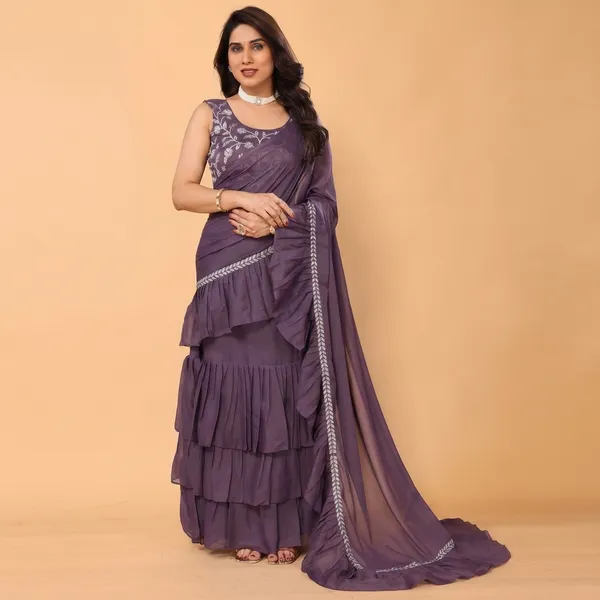 Gratifying_Ruffle_Style_Diamond_Georgette_Ready_To_Wear_Fully_Stitched_Saree_With_Embroidery_Work_Stitched_Blouse