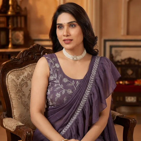 Gratifying_Ruffle_Style_Diamond_Georgette_Ready_To_Wear_Fully_Stitched_Saree_With_Embroidery_Work_Stitched_Blouse