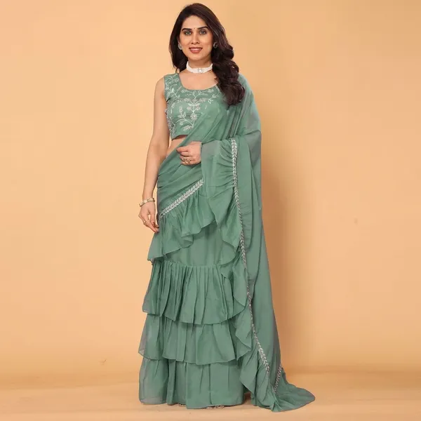 Gratifying_Ruffle_Style_Diamond_Georgette_Ready_To_Wear_Fully_Stitched_Saree_With_Embroidery_Work_Stitched_Blouse