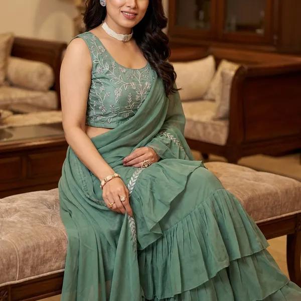 Gratifying_Ruffle_Style_Diamond_Georgette_Ready_To_Wear_Fully_Stitched_Saree_With_Embroidery_Work_Stitched_Blouse