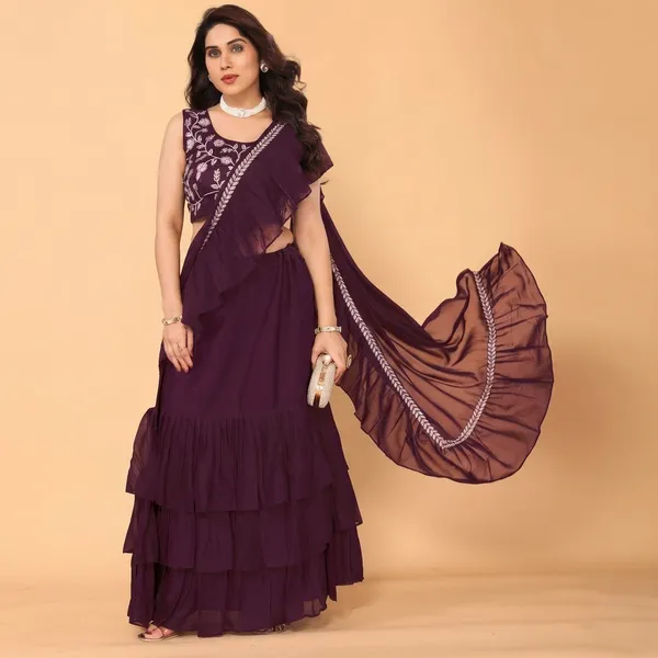 Gratifying_Ruffle_Style_Diamond_Georgette_Ready_To_Wear_Fully_Stitched_Saree_With_Embroidery_Work_Stitched_Blouse