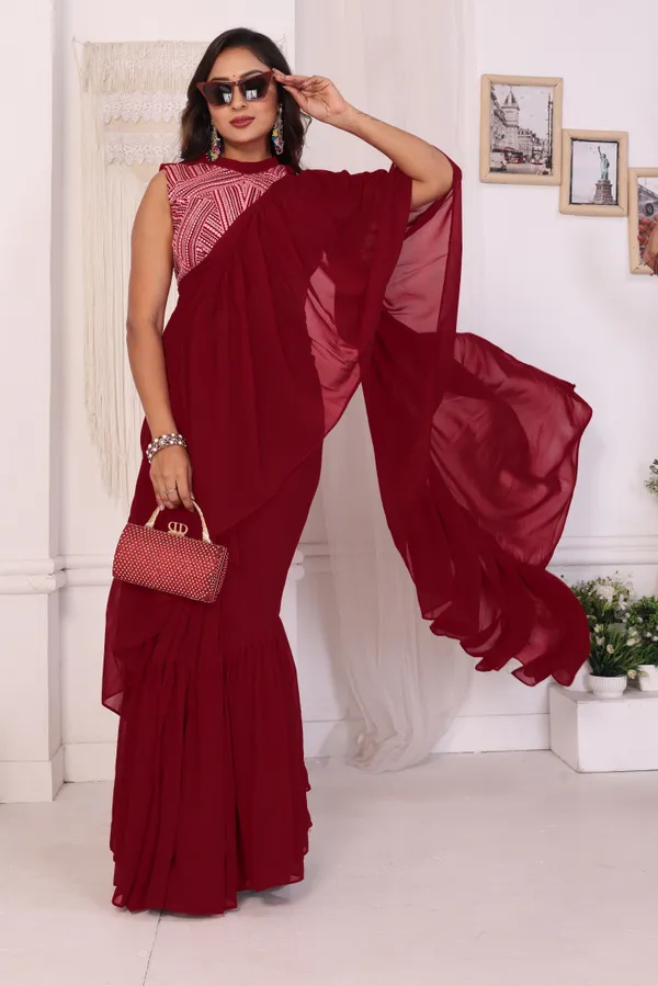 Latest_Designer_Georgette_Ruffle_Style_Ready_To_Wear_Saree_With_Amazing_Georgette_Embroidery_Blouse_Piece