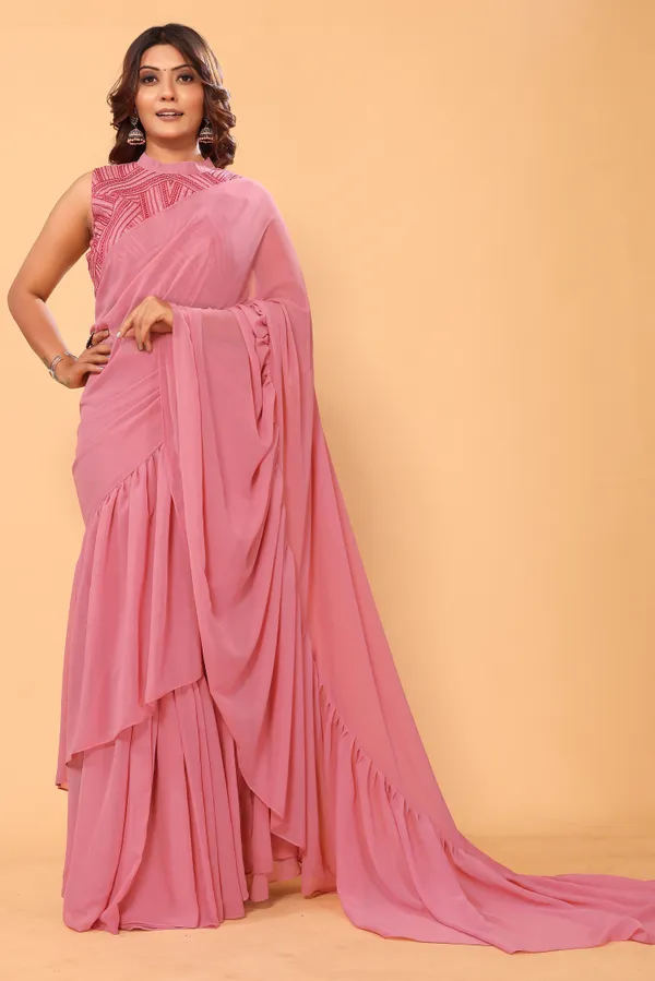 Latest_Designer_Georgette_Ruffle_Style_Ready_To_Wear_Saree_With_Amazing_Georgette_Embroidery_Blouse_Piece
