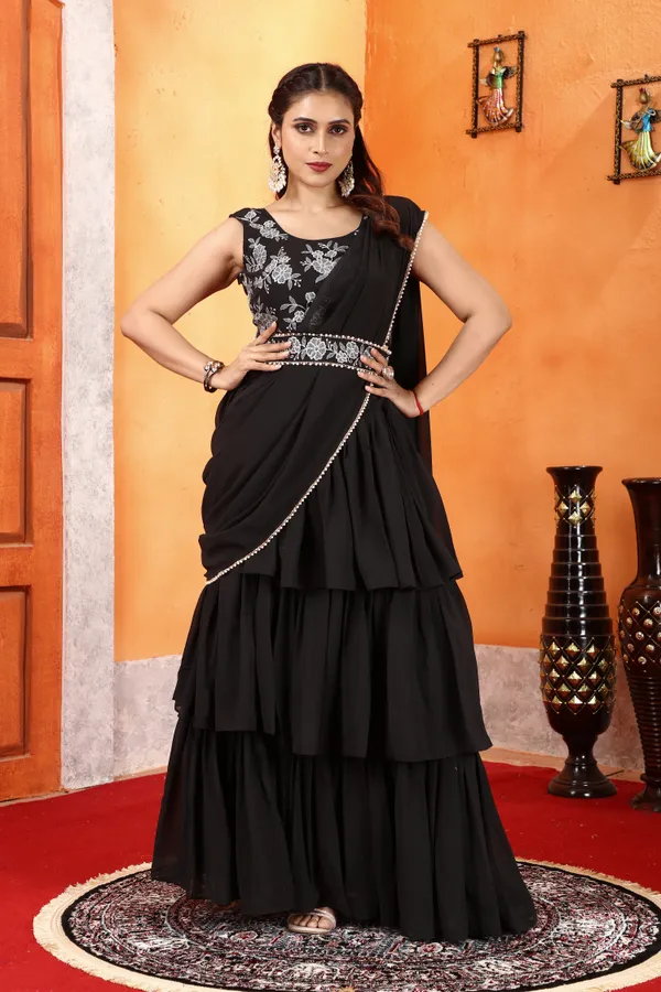 New_Collection_Ready_To_Wear_Georgette_Ruffle_Style_Lehenga_Saree_With_Stitched_Embroidery_Blouse_And_Belt