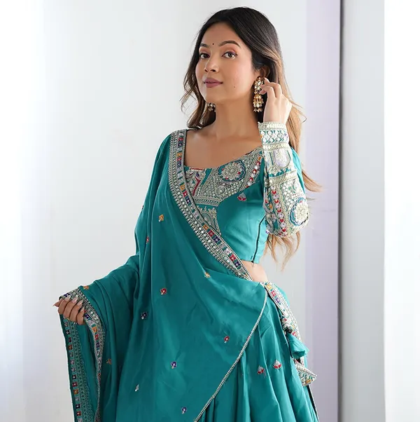 Turquoise_Embroidered_Lehenga_Choli_Set_With_Dupatta_For_Women