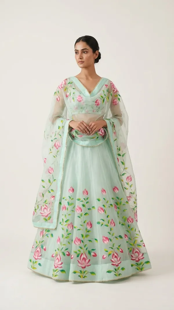 Jamway_Handpainted_Lotus_Breeze_Organza_Lehenga_Set_(Unstitched_Fabric)