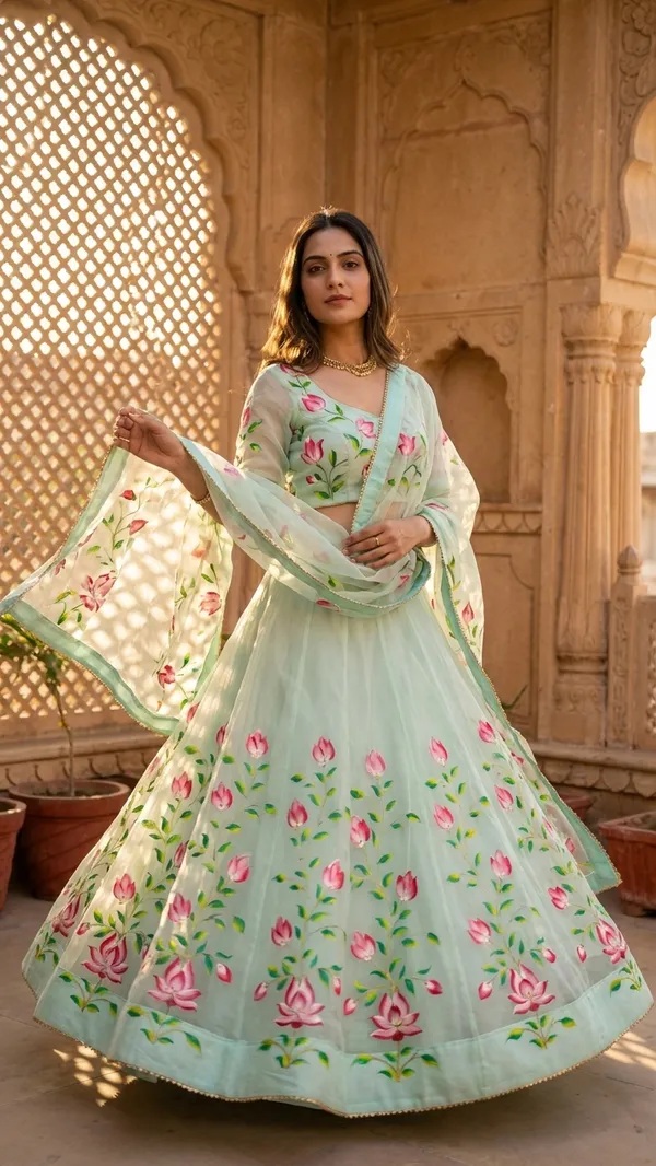 Jamway_Handpainted_Lotus_Breeze_Organza_Lehenga_Set_(Unstitched_Fabric)