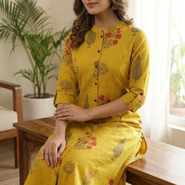 Yellow_Premium_Floral_Fine_Cotton_Kurti_Palazza_Set_For_Women