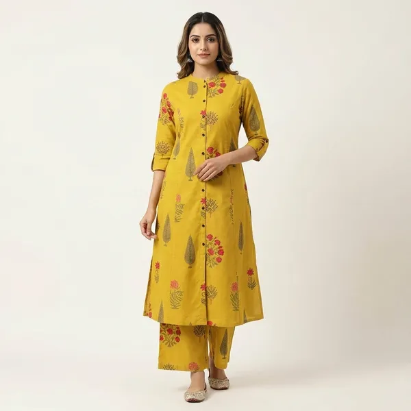 Yellow_Premium_Floral_Fine_Cotton_Kurti_Palazza_Set_For_Women