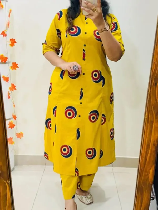 Yellow_Premium_Floral_Fine_Cotton_Kurti_Palazza_Set_For_Women