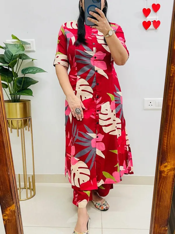 Red_Premium_Floral_Fine_Cotton_Kurti_Palazza_Set_For_Women