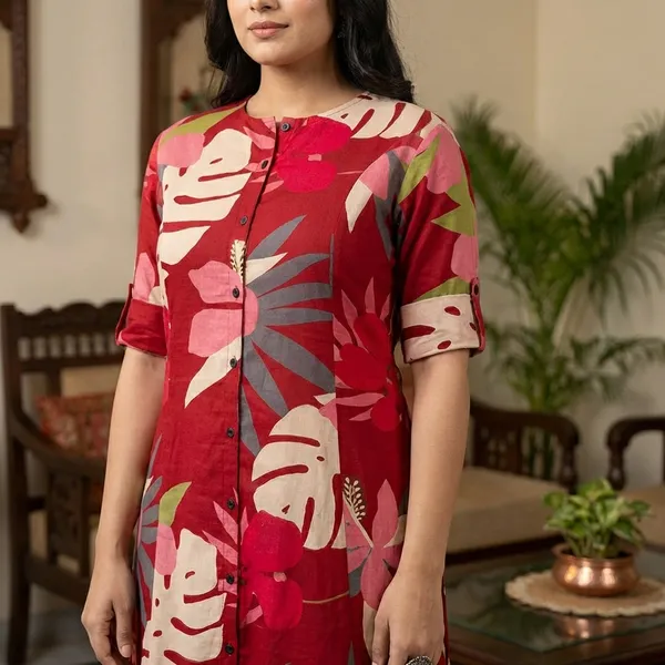 Red_Premium_Floral_Fine_Cotton_Kurti_Palazza_Set_For_Women