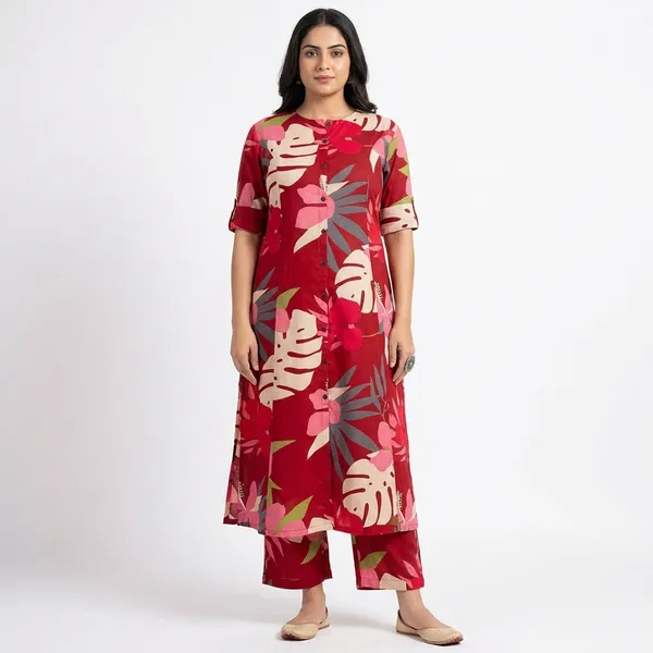 Red_Premium_Floral_Fine_Cotton_Kurti_Palazza_Set_For_Women