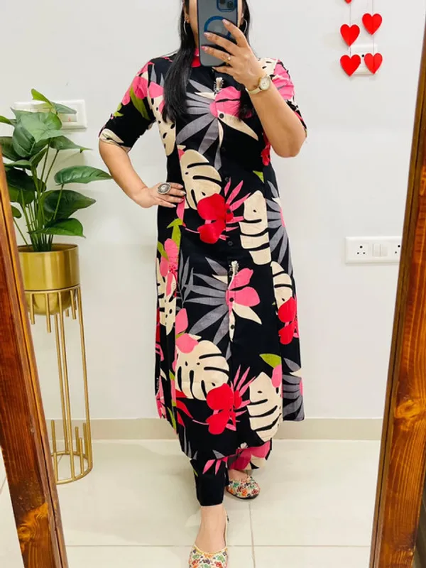 Black_Premium_Floral_Fine_Cotton_Kurti_Palazza_Set_For_Women