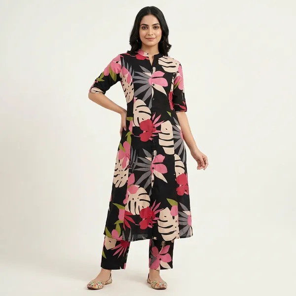 Black_Premium_Floral_Fine_Cotton_Kurti_Palazza_Set_For_Women