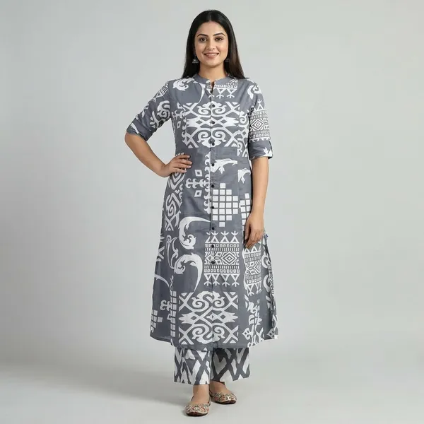 GrayPrinted_Cotton_Kurti_Palazzo_Co_Ord_Set_Stylish_Daily_Wear_For_Women