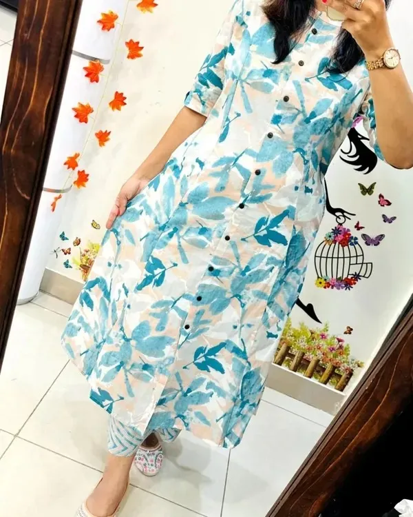 White_And_Sky_Printed_Cotton_Kurti_Palazzo_Co_Ord_Set_Stylish_Daily_Wear_For_Women