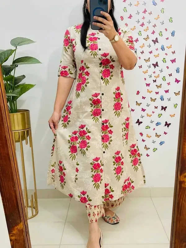 Cream_Printed_Cotton_Kurti_Palazzo_Co_Ord_Set_Stylish_Daily_Wear_For_Women