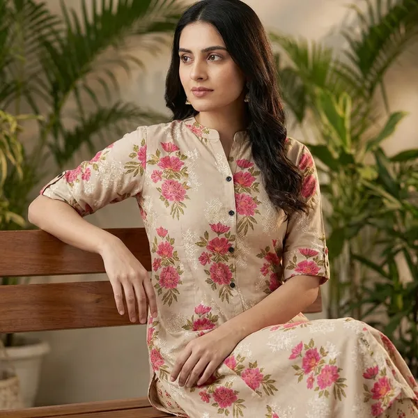 Cream_Printed_Cotton_Kurti_Palazzo_Co_Ord_Set_Stylish_Daily_Wear_For_Women