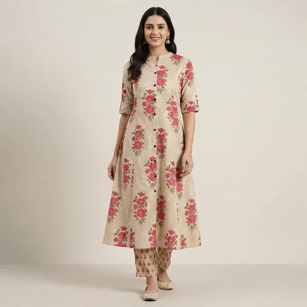 Cream_Printed_Cotton_Kurti_Palazzo_Co_Ord_Set_Stylish_Daily_Wear_For_Women