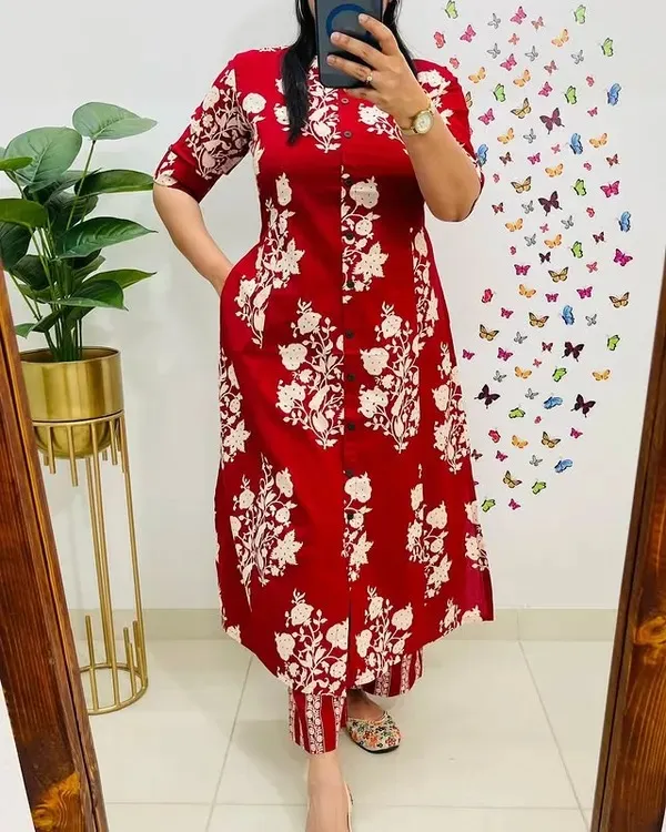 Red_Printed_Cotton_Kurti_Palazzo_Co_Ord_Set_Stylish_Daily_Wear_For_Women