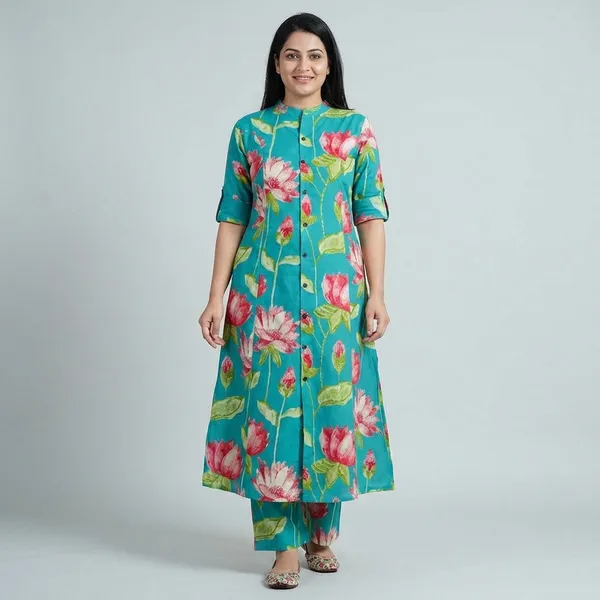 Turquoise_Printed_Cotton_Kurti_Palazzo_Co_Ord_Set_Stylish_Daily_Wear_For_Women