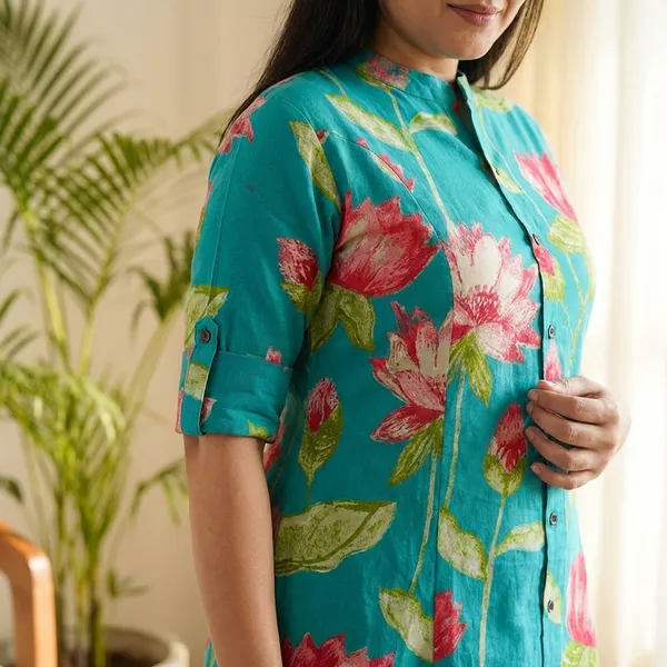 Turquoise_Printed_Cotton_Kurti_Palazzo_Co_Ord_Set_Stylish_Daily_Wear_For_Women