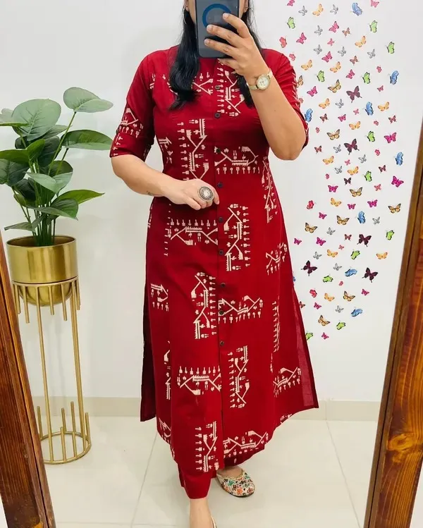 Red_Printed_Cotton_Kurti_Palazzo_Co_Ord_Set_Stylish_Daily_Wear_For_Women